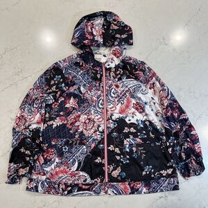Chicos Zenergy Sz 3 XL 16-18 Floral Athleisure Ruched Hooded Jacket Golf